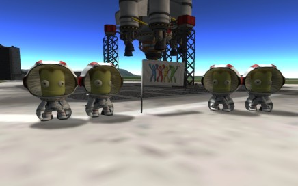 2 Groups Of Kerbals Standing next to Swing Life Style Flag